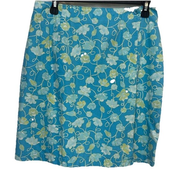 Talbots Wrap Skirt Size12 Blue Green Floral Cotton Denim Button Front Opening - Picture 1 of 4
